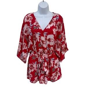 Aura Women's Faux Wrap Flare Sleeve Floral Romper, Size Large